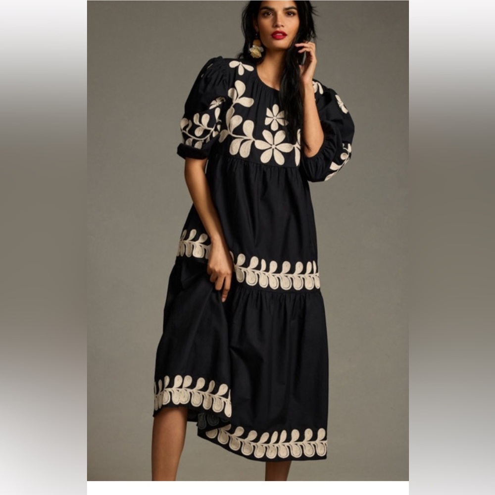 Caroline Constas Black Dress with white Floral Accents